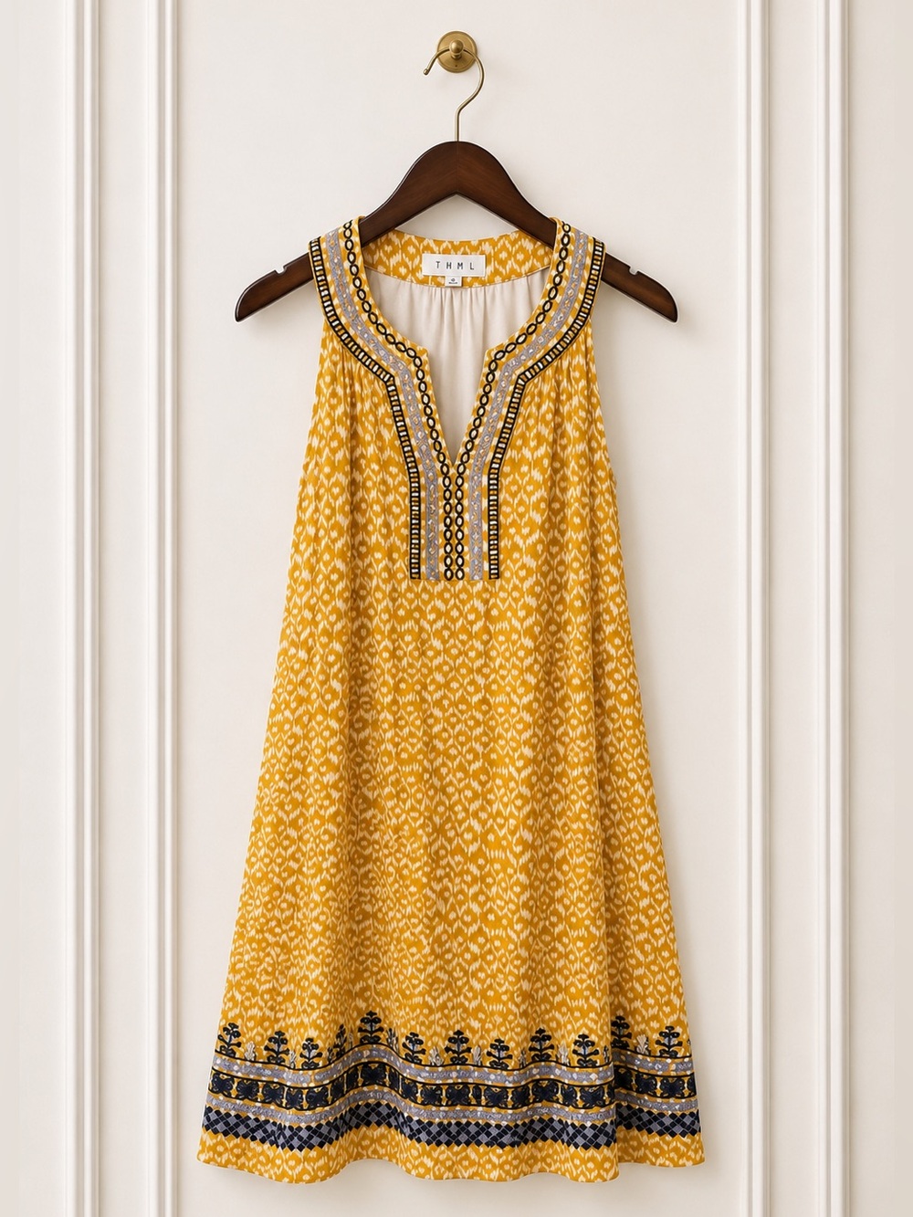 THML Mustard Yellow Sleeveless Bohoo Embroidered V-Neck Tunic Resortwear